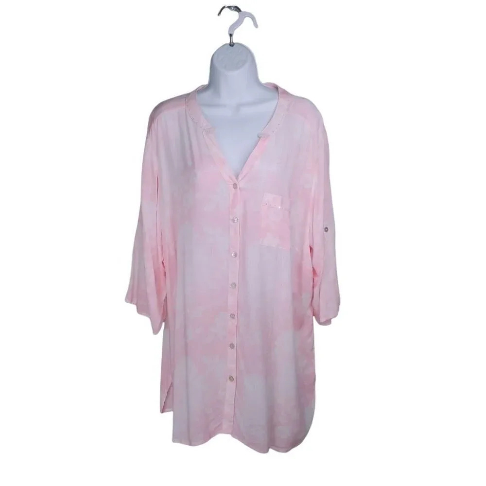 Claire France Tunic Blouse Pink White Floral Roll Up Sleeves NWT 18
